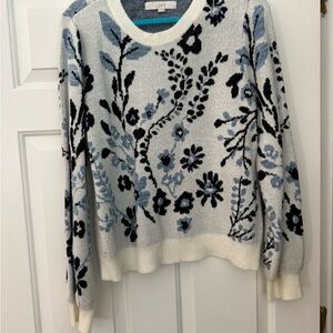 LOFT Women's Floral Crew Neck Sweater - Light Blue and Black
